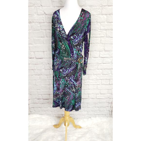Cache Purple Green Print Long Sleeve Faux Wrap Dress Cocktail Party Sz S - Picture 7 of 15